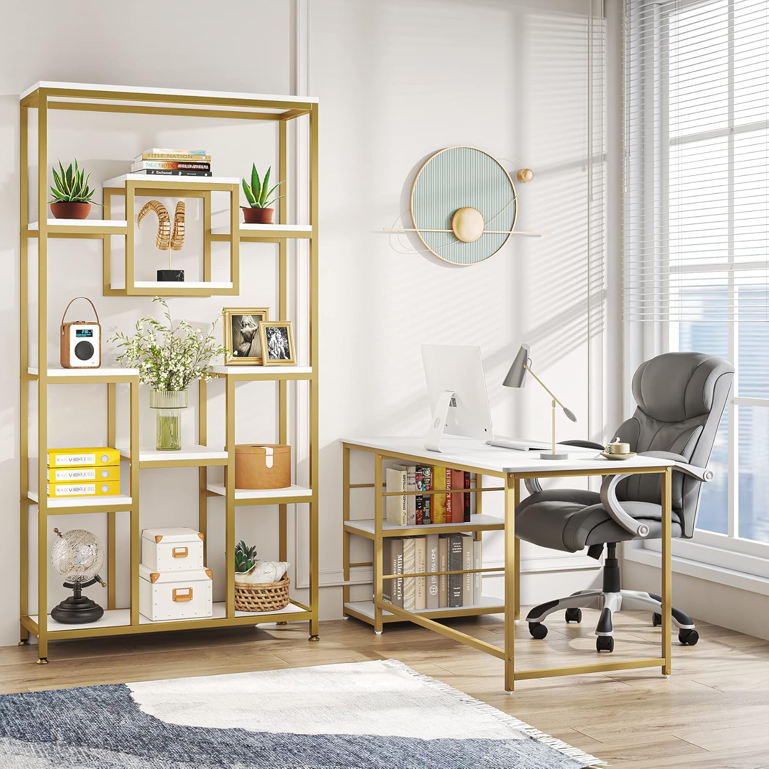 Goldenes Bücherregal - Modernes freistehendes Bücherregal mit 11 offenen Regalen