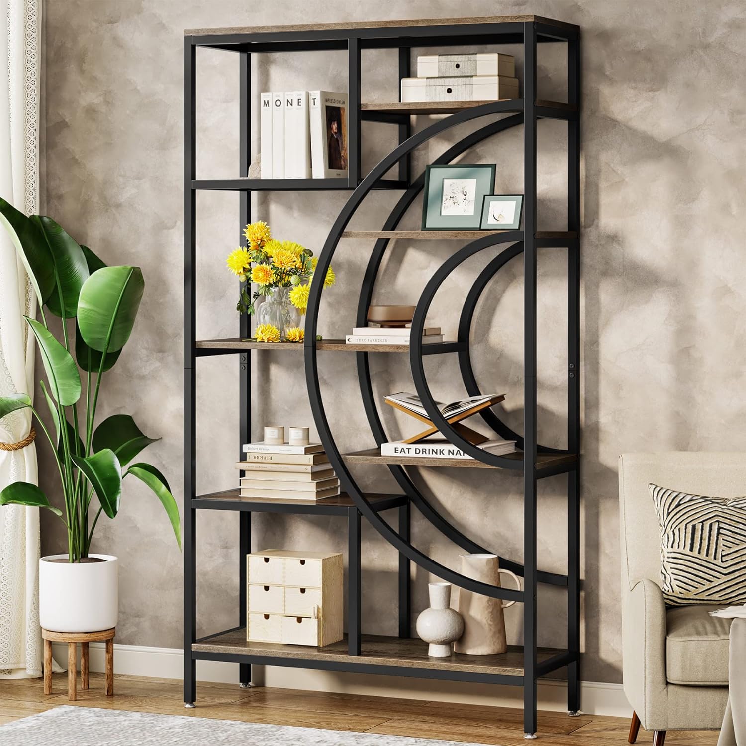 Industrielles  8-stöckiges geometrisches Bücherregal mit rustikalen Metallrahmen