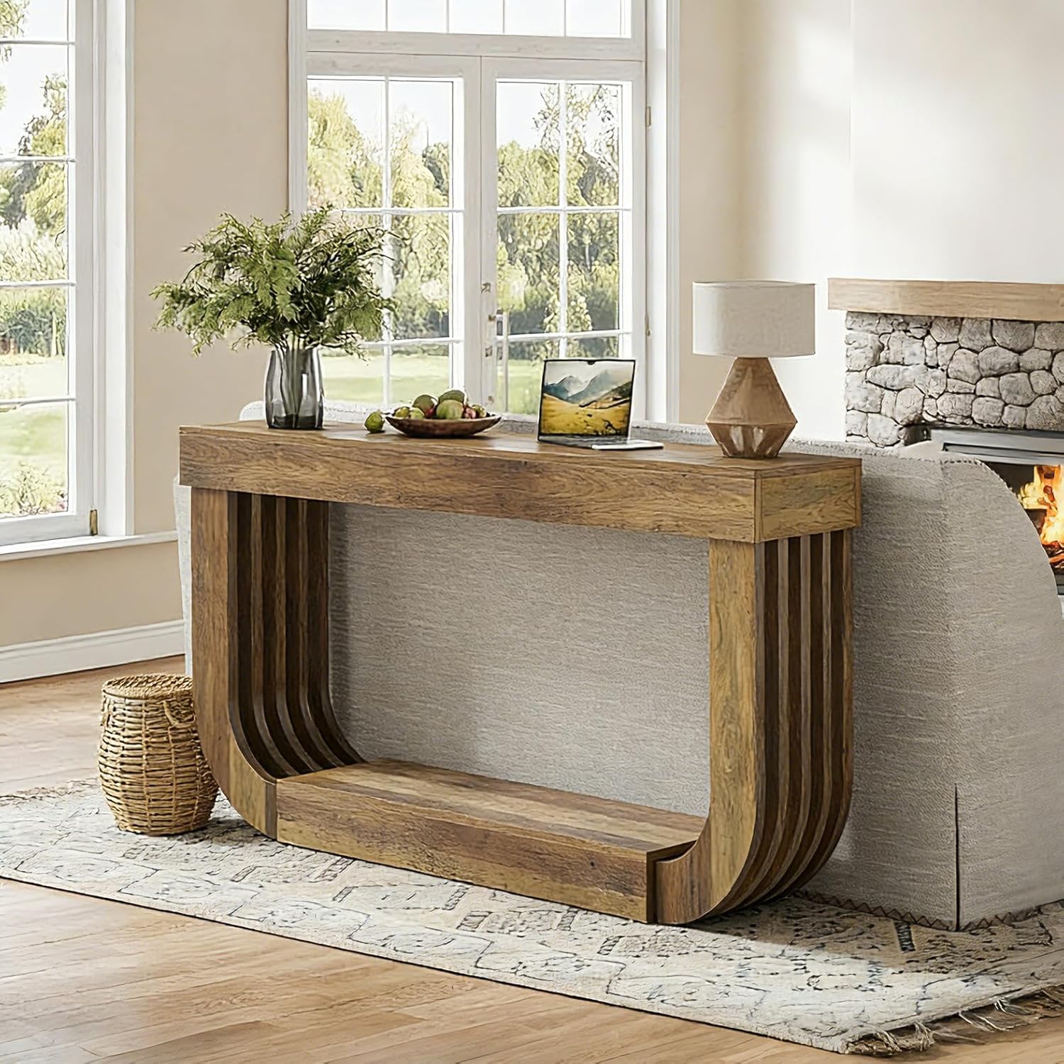 Konsolentisch 180 cm extra lang, schmaler 2-stufige Holzkonsole mit stabilem U-Gestell