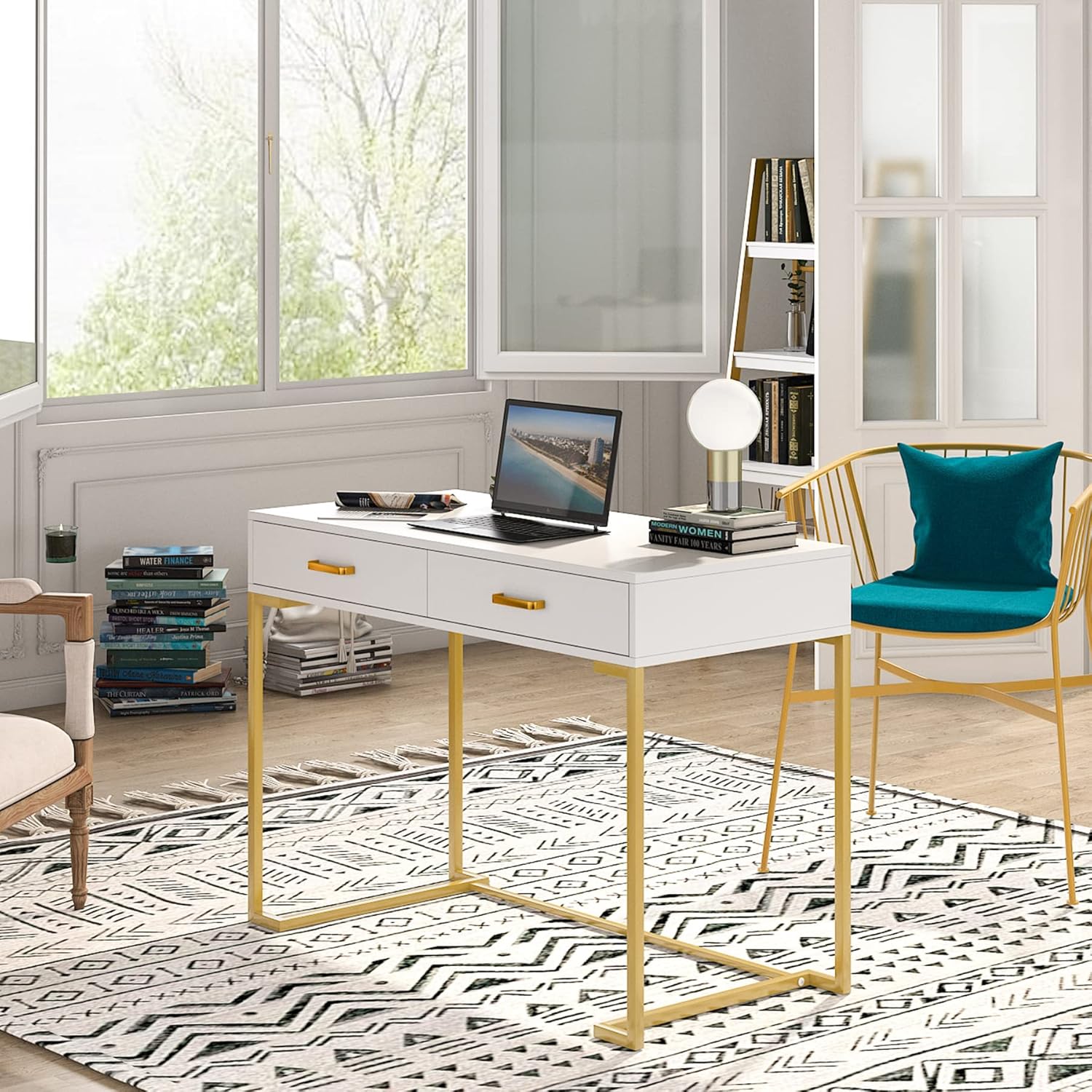 Moderner weiß-goldener Computertisch mit 2 Schubladen für Homeoffice