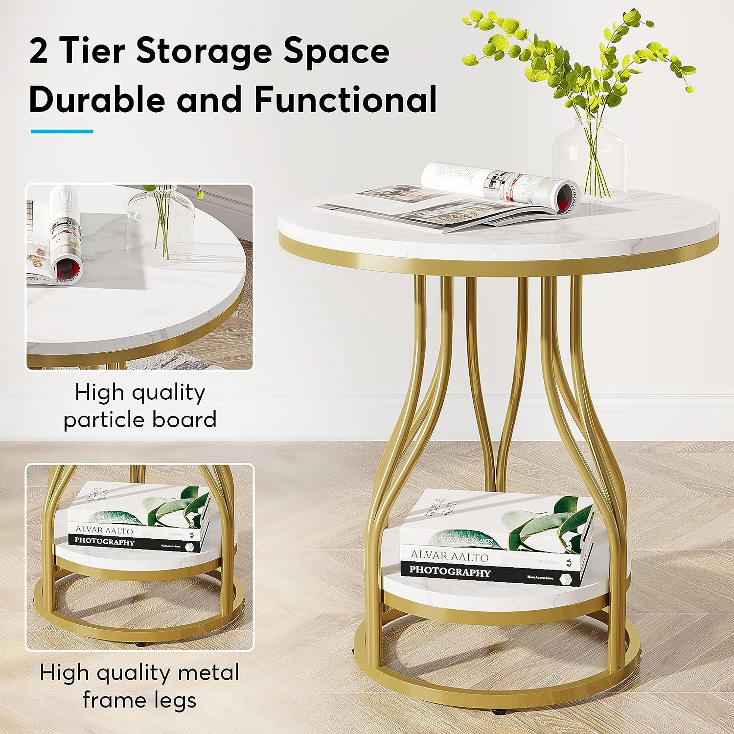 End Table, Round 2-Tier Sofa Side Table with Metal Frame Tribesigns