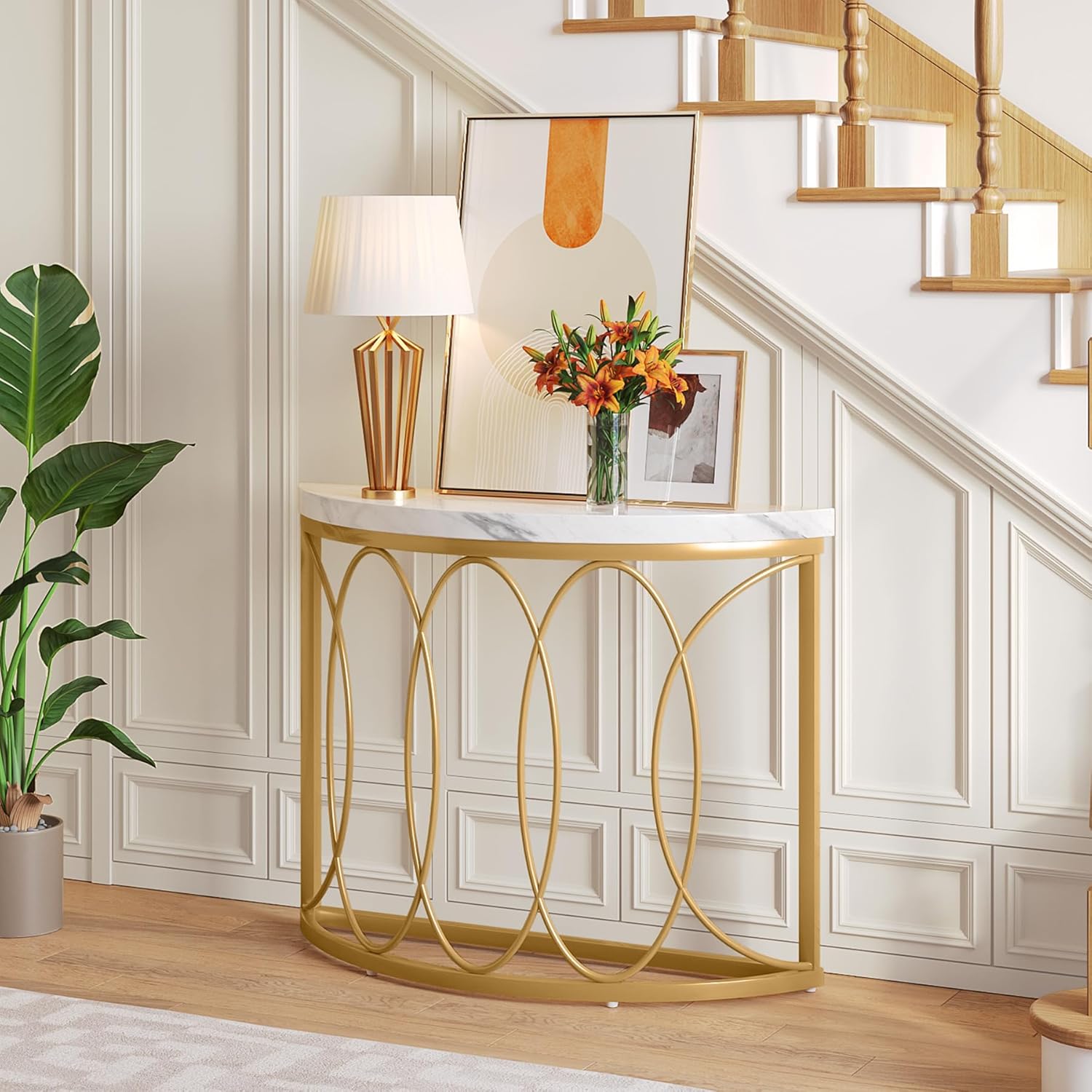 Gold Konsolentisch - Beistelltisch mit Metallgestell und Halbmond-Design