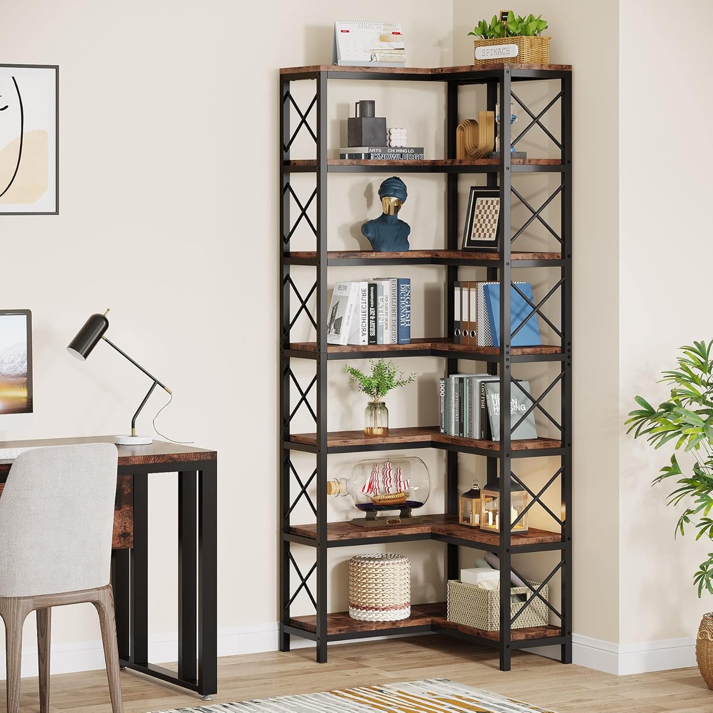 Industrielles Eck-Bücherregal mit Metallrahmen
