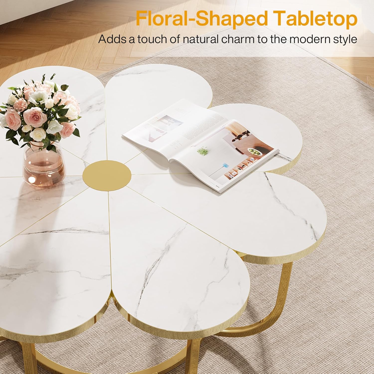 Moderner Couchtisch, blumenförmiger Mitteltisch mit Tischplatte aus Kunstmarmor
