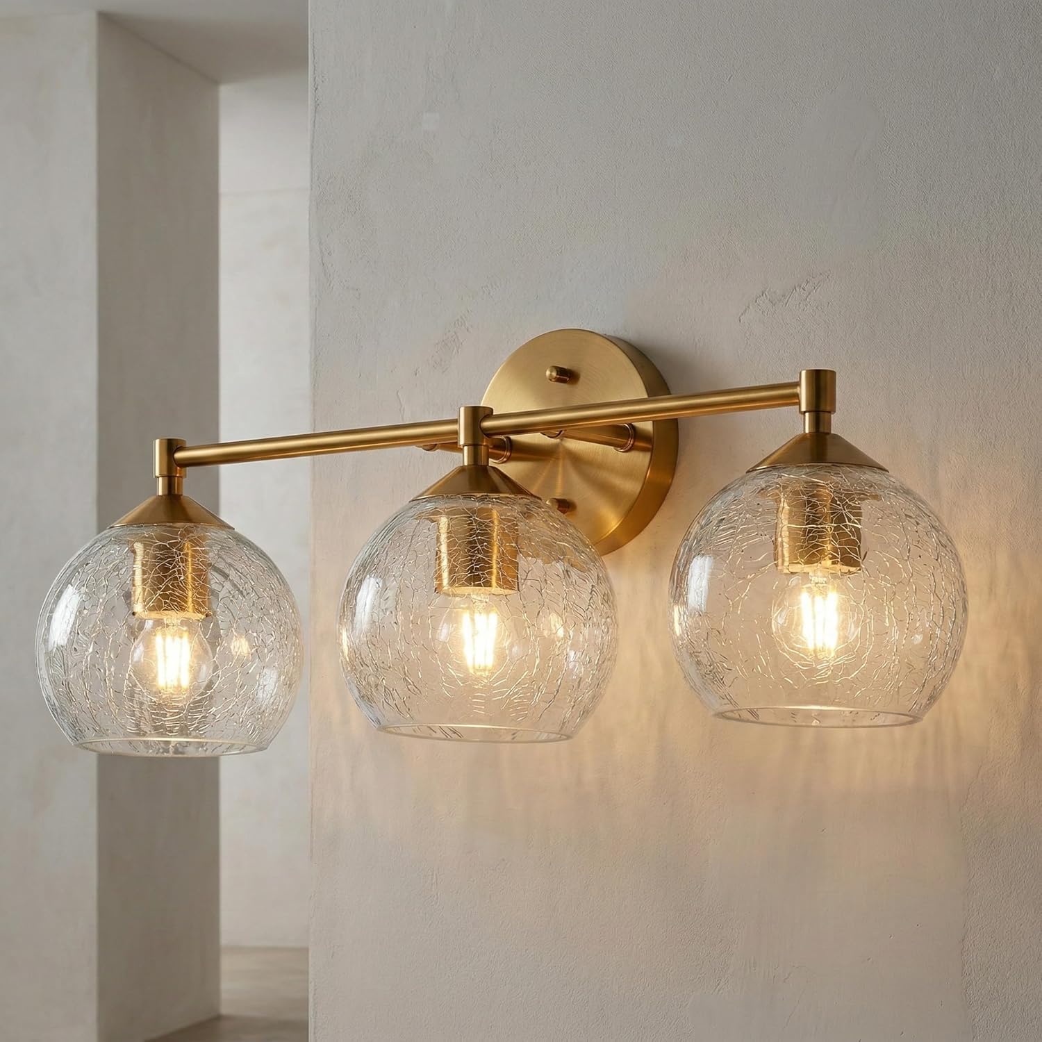 Tribesigns Goldene Badezimmer Wandleuchte 3-flammig mit Crackle-Glas Kugeln, Moderne Spiegelleuchte mit E27 Fassung inkl. LED Leuchtmittel