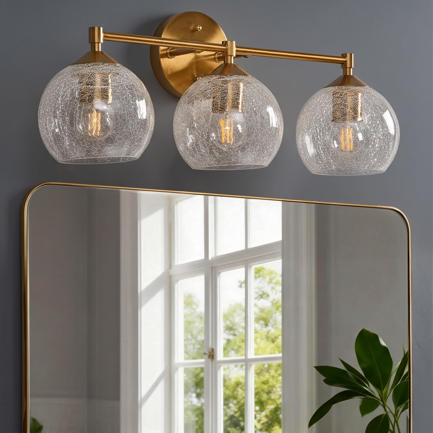 Tribesigns Goldene Badezimmer Wandleuchte 3-flammig mit Crackle-Glas Kugeln, Moderne Spiegelleuchte mit E27 Fassung inkl. LED Leuchtmittel