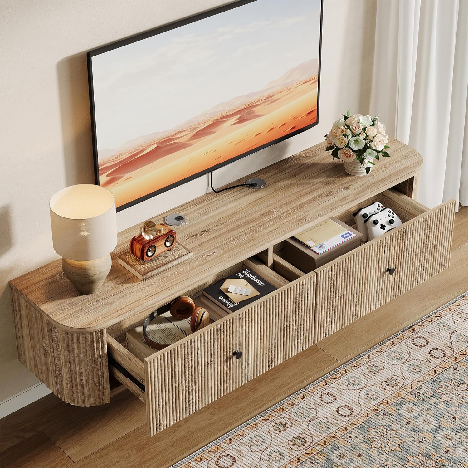 Tribesigns Hängendes TV-Board 140 cm mit 2 Schubladen, Schwebendes Media Board in Holzoptik