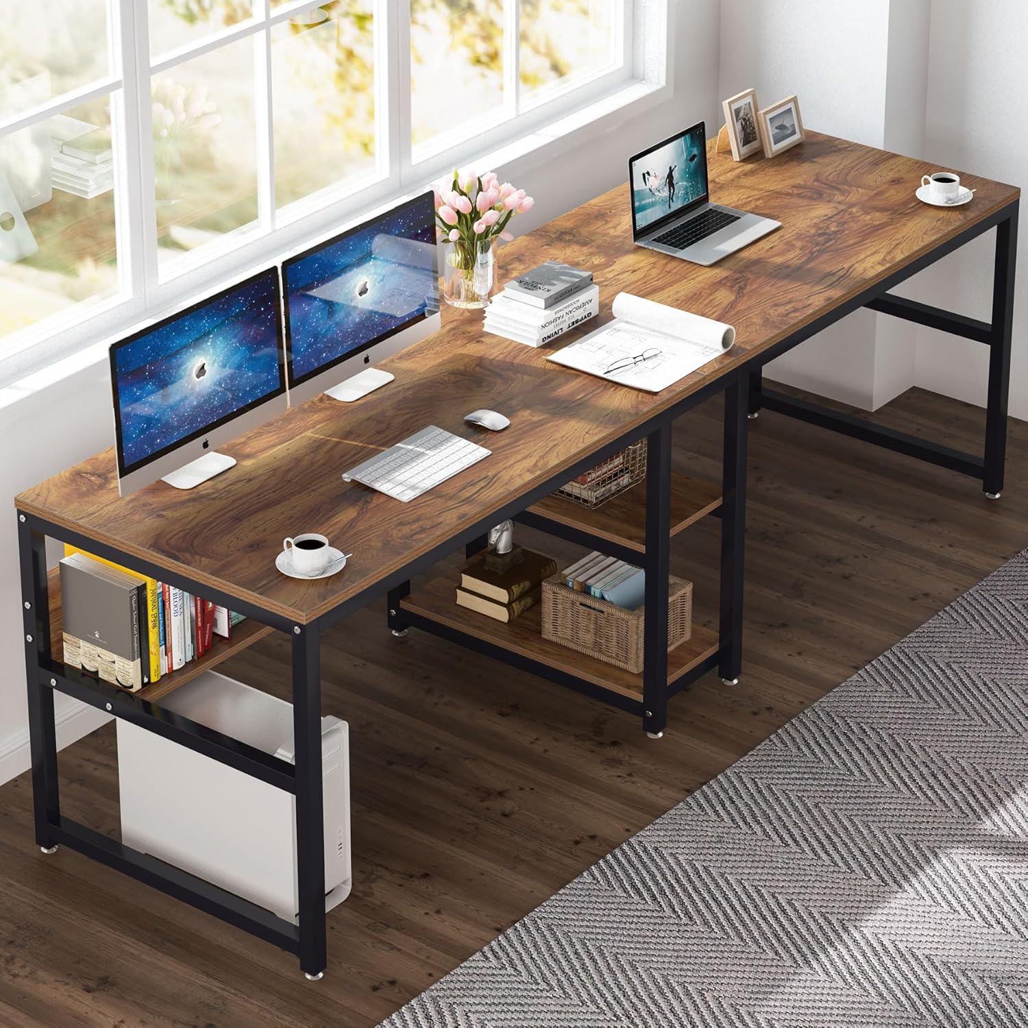 200 cm Zwei-Personen-Schreibtisch, Computertisch, Doppelarbeitsplatz mit Regalen