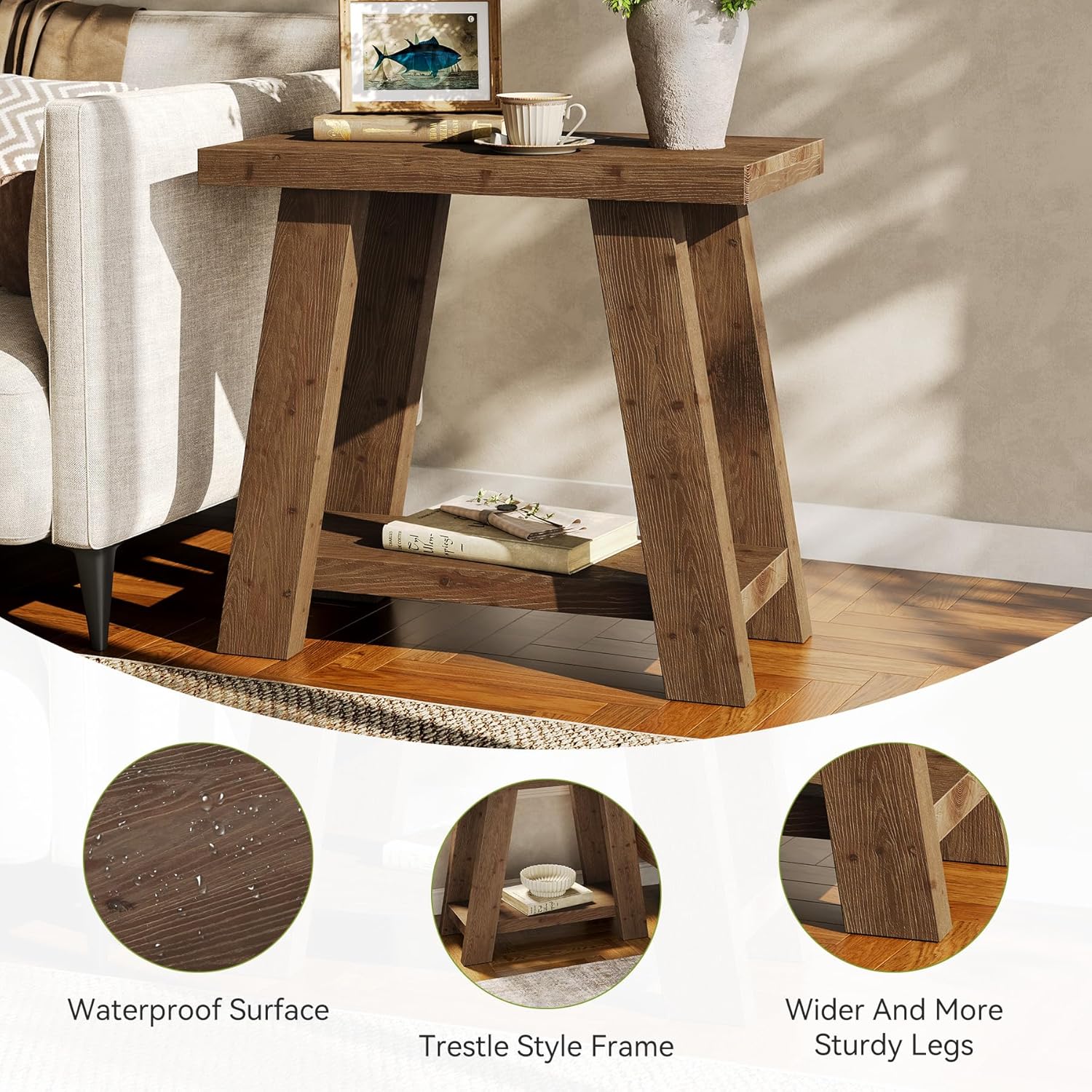 Tribesigns Massivholz Beistelltisch klein, 2-stöckiger Nachttisch Holz, moderner Schlafzimmer Tisch mit Ablage