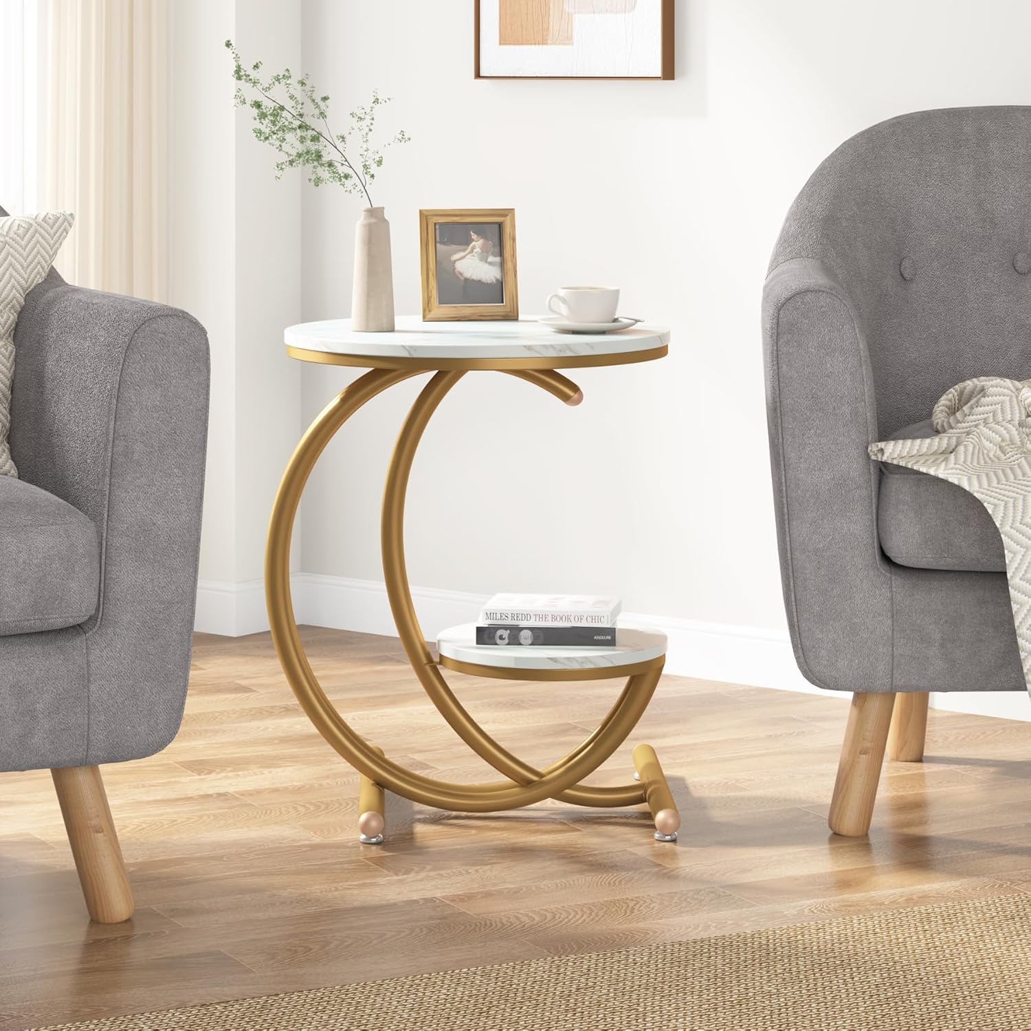Modern Side Table - 2-stöckiger Beistelltisch mit C-förmigen Metallbeinen
