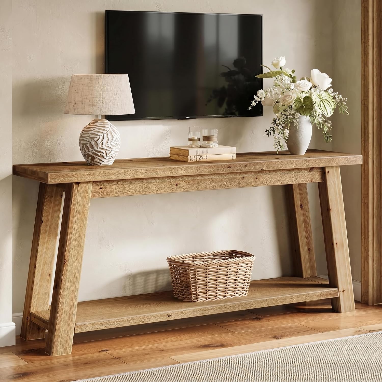 Tribesigns Massivholz TV Lowboard 180 cm für 65–80 Zoll Fernseher, Medienkonsole im Landhausstil mit offenen Ablagefächern