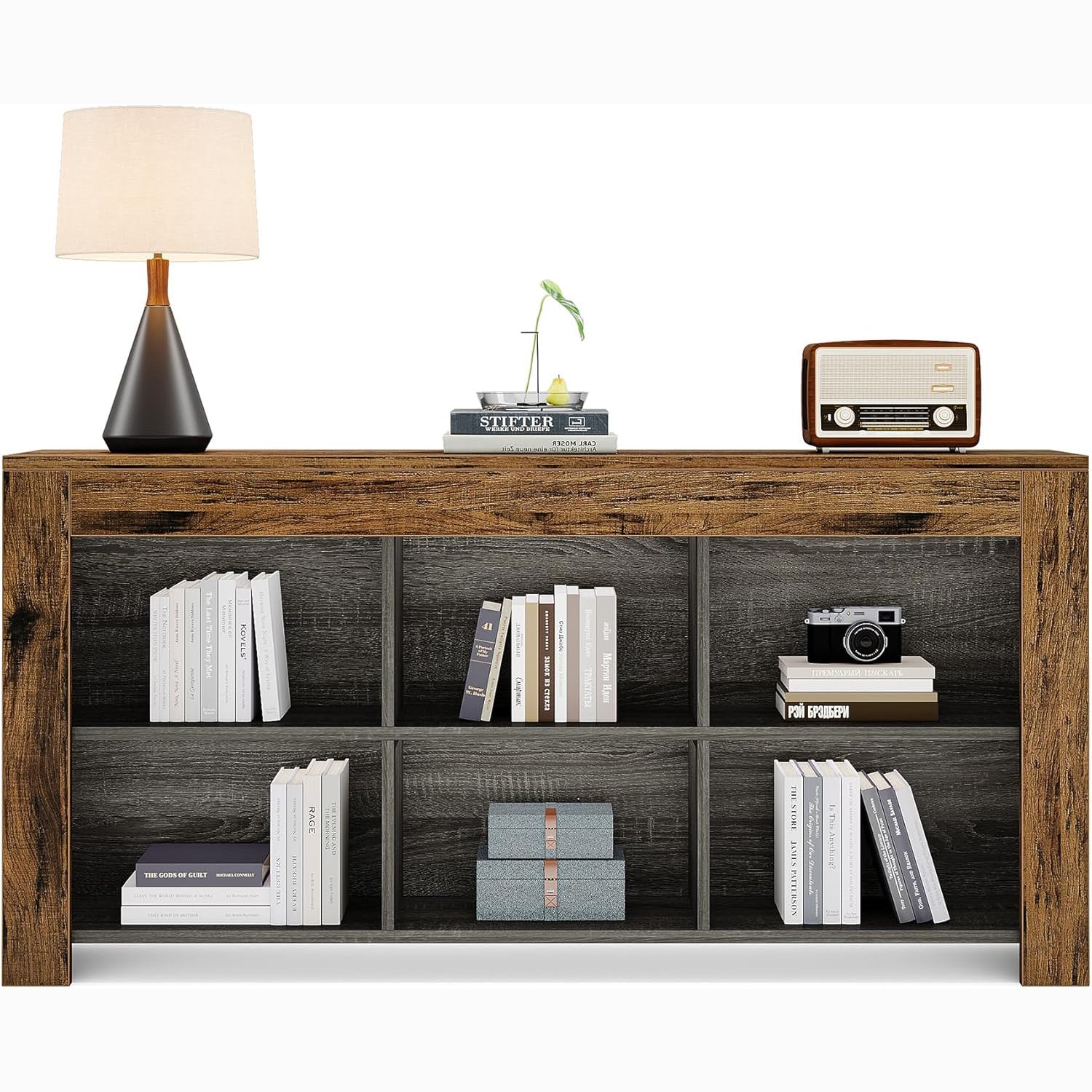 160 cm Industrielles 6-Fach Regal mit rustikalem Holzfinish, Breites Cubby Bücherregal im Landhausstil