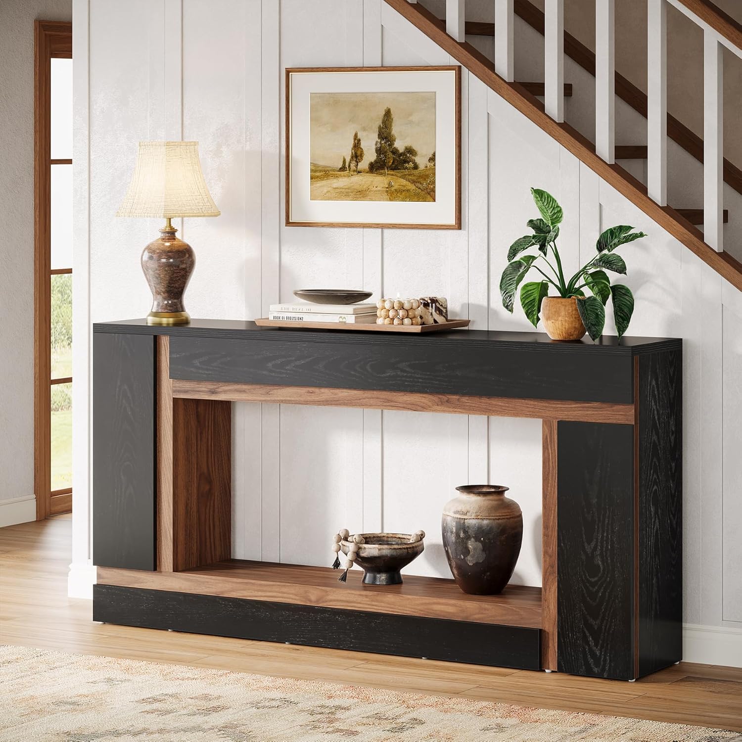 160 cm langer schwarz-brauner Konsolentisch, Geometrischer Kontrolltisch im modernen Design