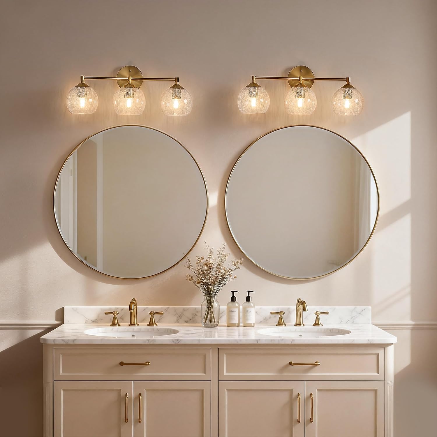 Tribesigns Goldene Badezimmer Wandleuchte 3-flammig mit Crackle-Glas Kugeln, Moderne Spiegelleuchte mit E27 Fassung inkl. LED Leuchtmittel