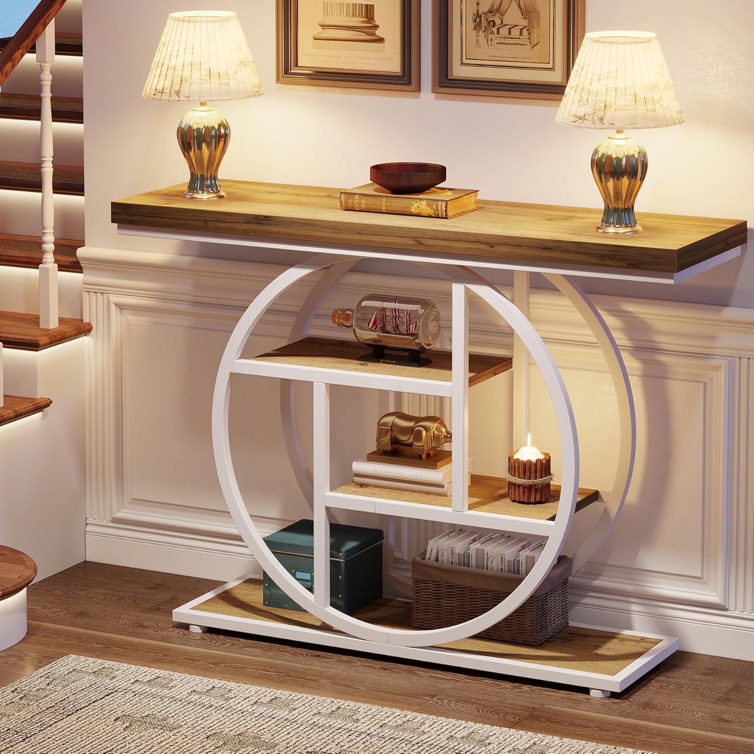 105cm Konsolentisch, industrieller 4-stöckiger Sofatisch, Eingangstisch mit rundem Fuß