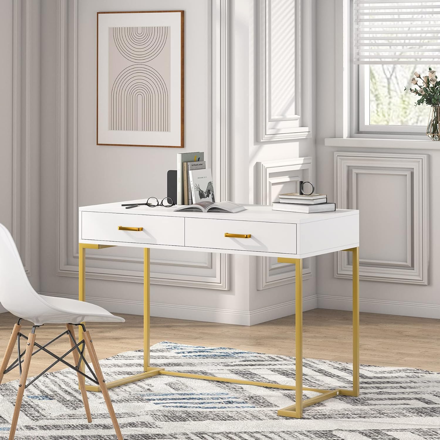 Moderner weiß-goldener Computertisch mit 2 Schubladen für Homeoffice