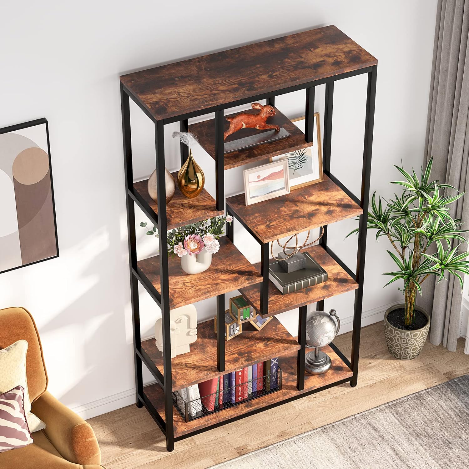 Bücherregal, große offene Regale mit 8 Holz-Effekt-Akzentböden