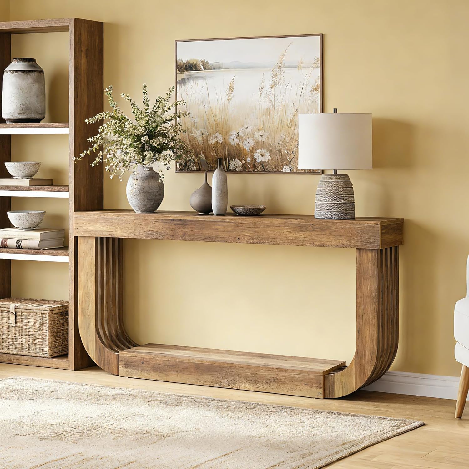 Konsolentisch 180 cm extra lang, schmaler 2-stufige Holzkonsole mit stabilem U-Gestell