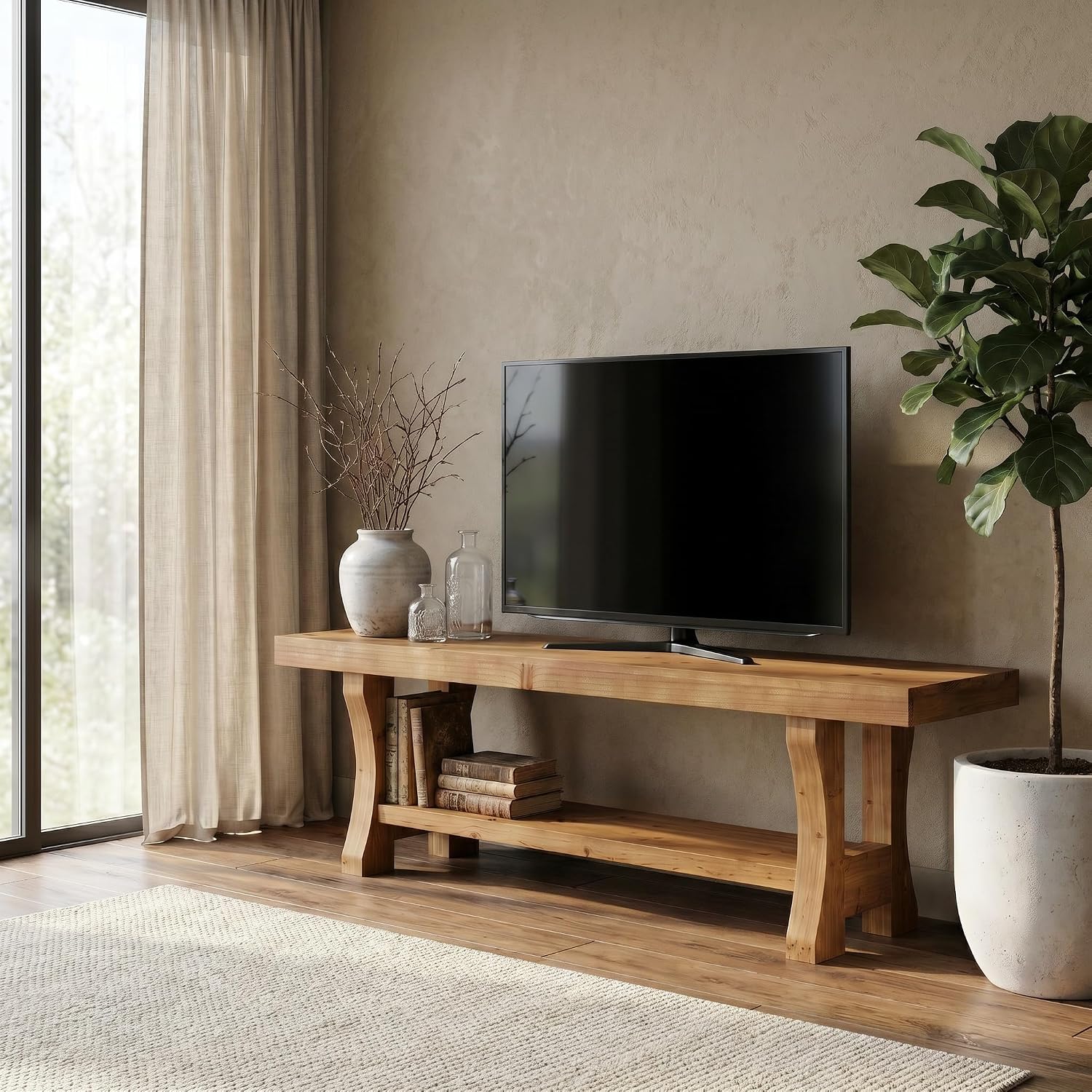 Tribesigns TV Lowboard aus Massivholz 140 cm mit 2 Ebenen & offenen Fächern, Medienkonsole bis 70 Zoll Fernseher