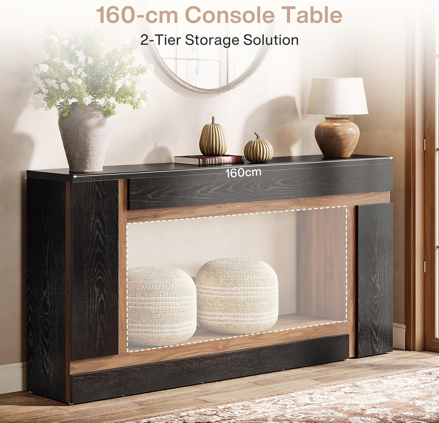 160 cm langer schwarz-brauner Konsolentisch, Geometrischer Kontrolltisch im modernen Design