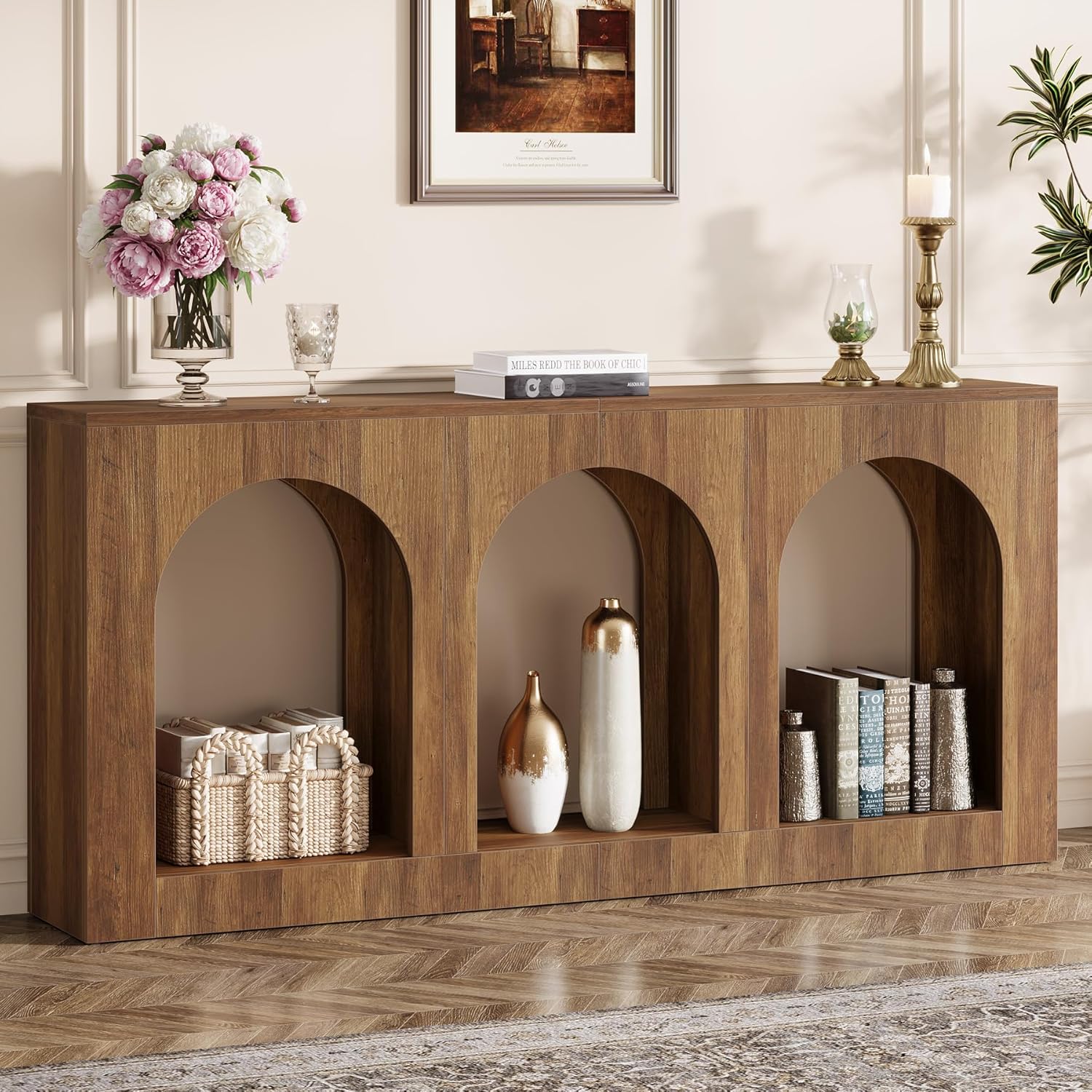 Konsolentisch 160 cm, Schmaler Holztisch mit 3 Bogenregalen, Sofatisch hinter Couch