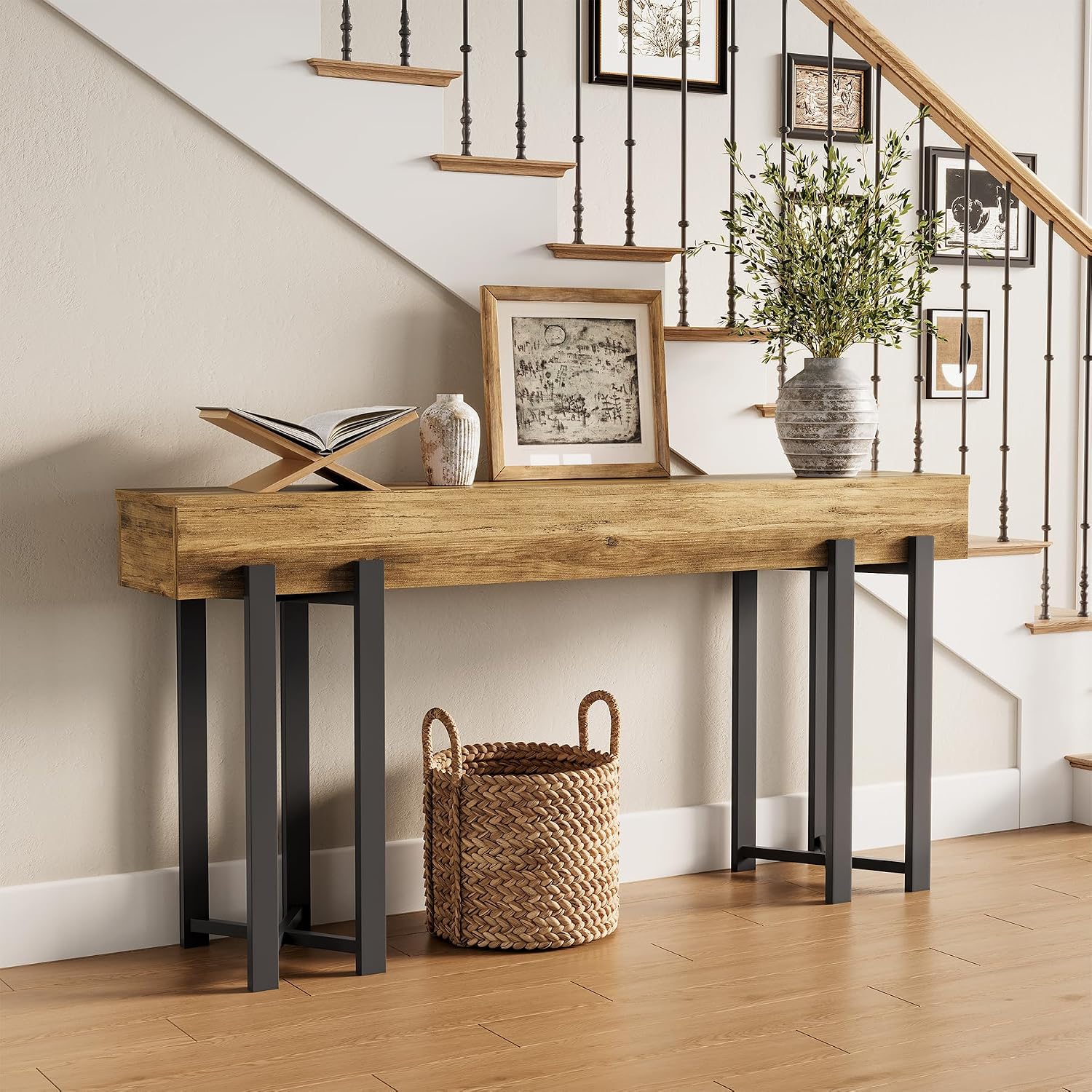 Robuster Landhaus Konsolentisch, 160 cm schmal mit Metallgestell für Flur und Home-Office