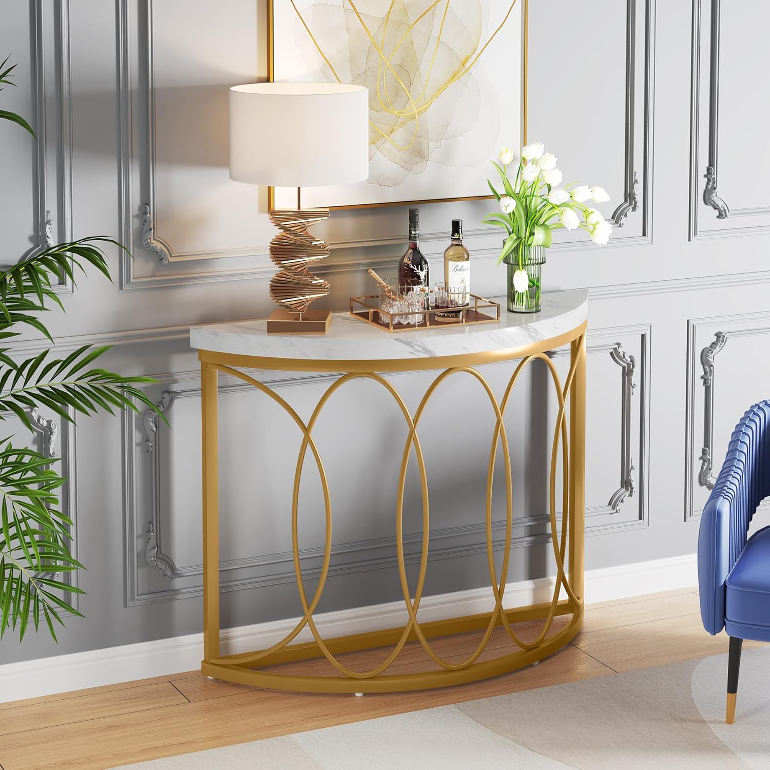 Gold Konsolentisch - Beistelltisch mit Metallgestell und Halbmond-Design