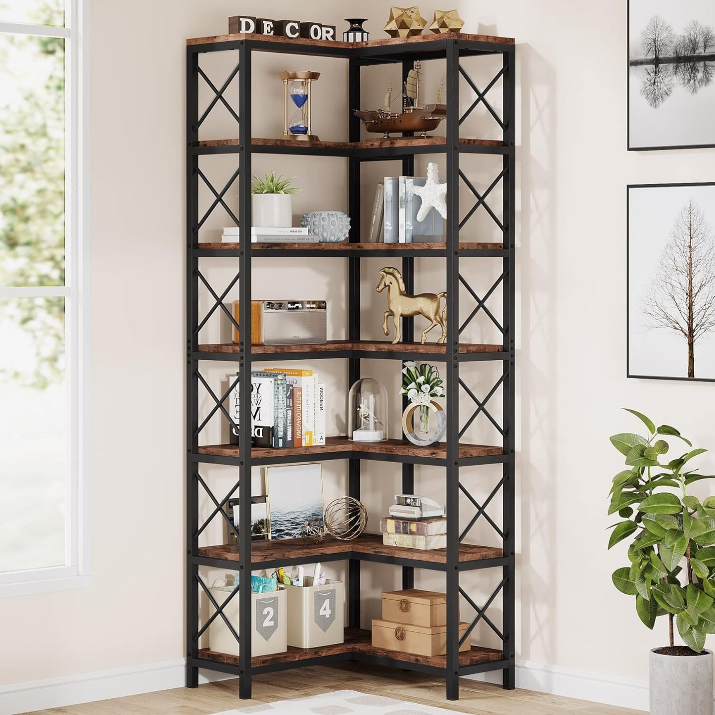 Industrielles Eck-Bücherregal mit Metallrahmen