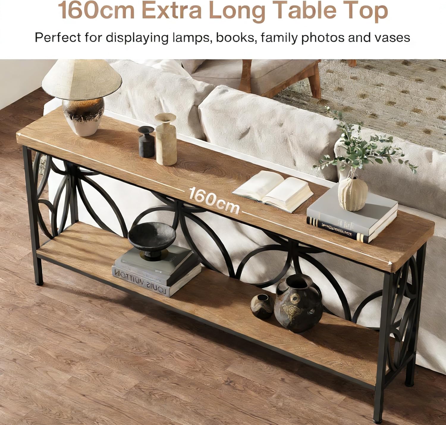 2-stufiger Konsolentisch, 160 cm Industrieller Sofatisch hinter der Couch