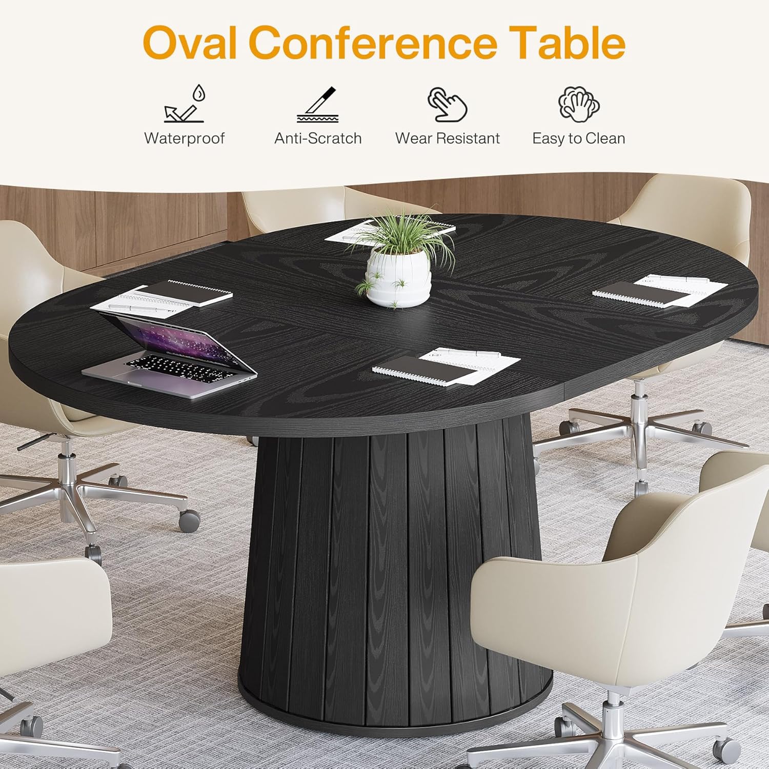 Tribesigns Ovaler Konferenztisch 140 cm für 6 Personen, Holz Besprechungstisch mit stabilem Sockel, Schwarz