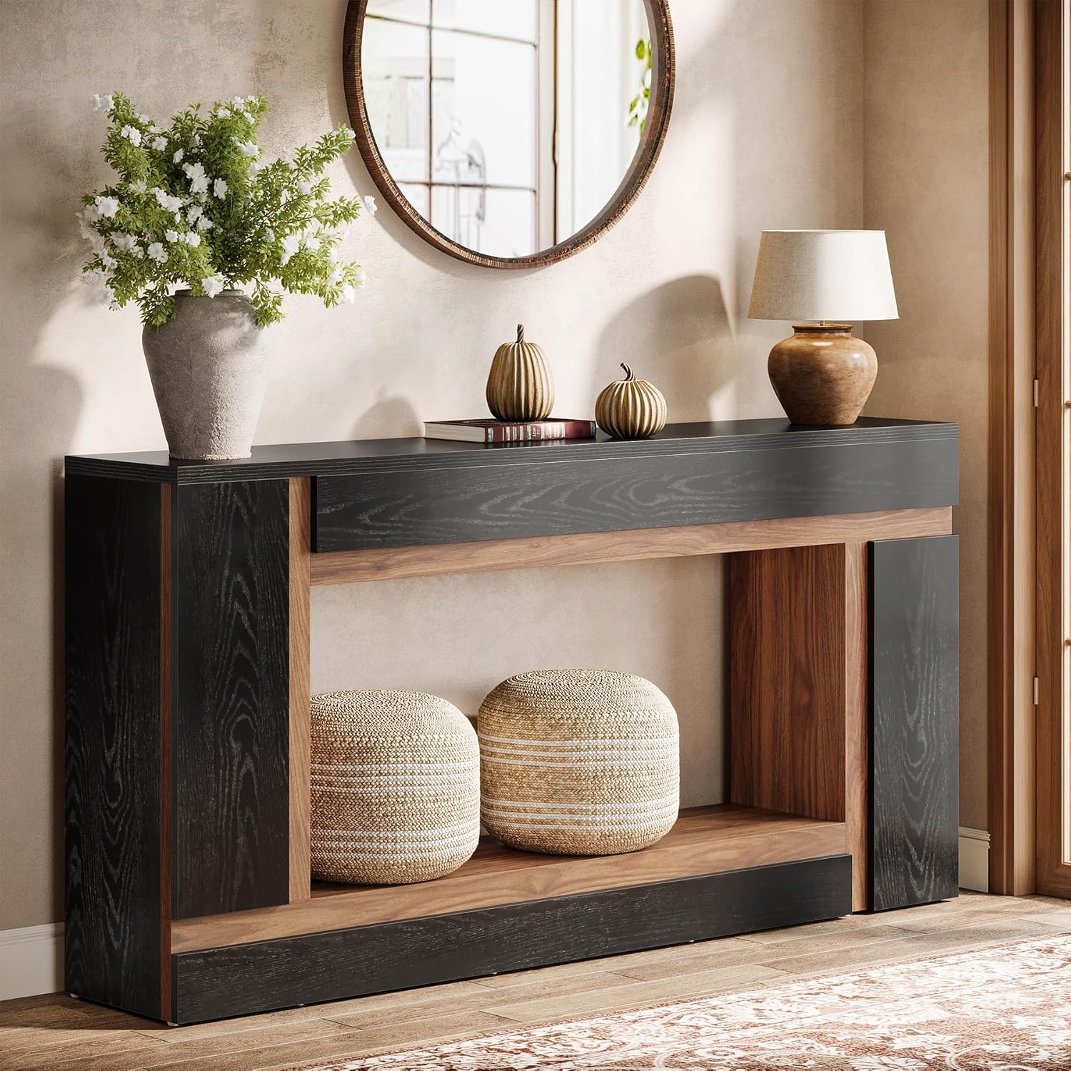 160 cm langer schwarz-brauner Konsolentisch, Geometrischer Kontrolltisch im modernen Design
