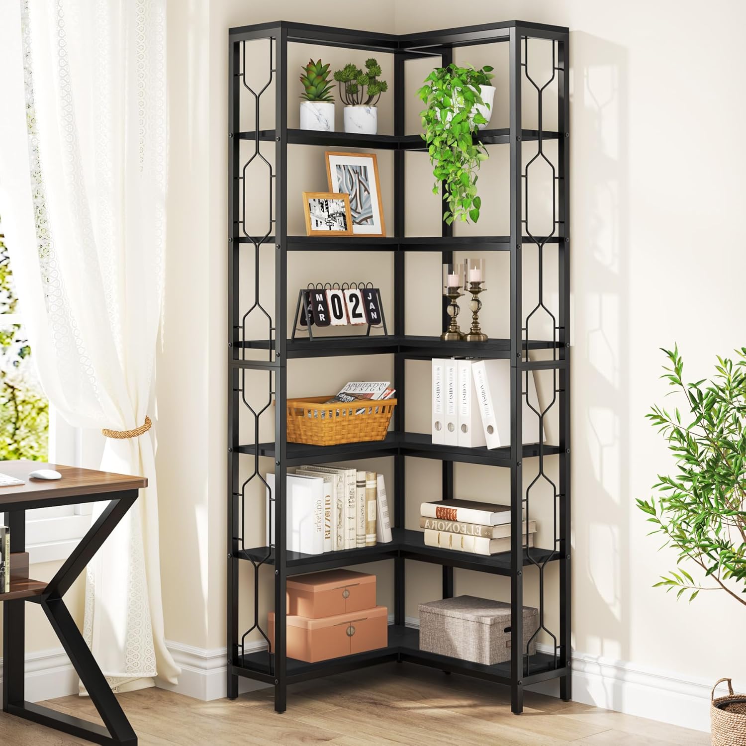 Freistehendes Bücherregal von Tribesigns, Eckregal aus Holz mit 7 Ebenen