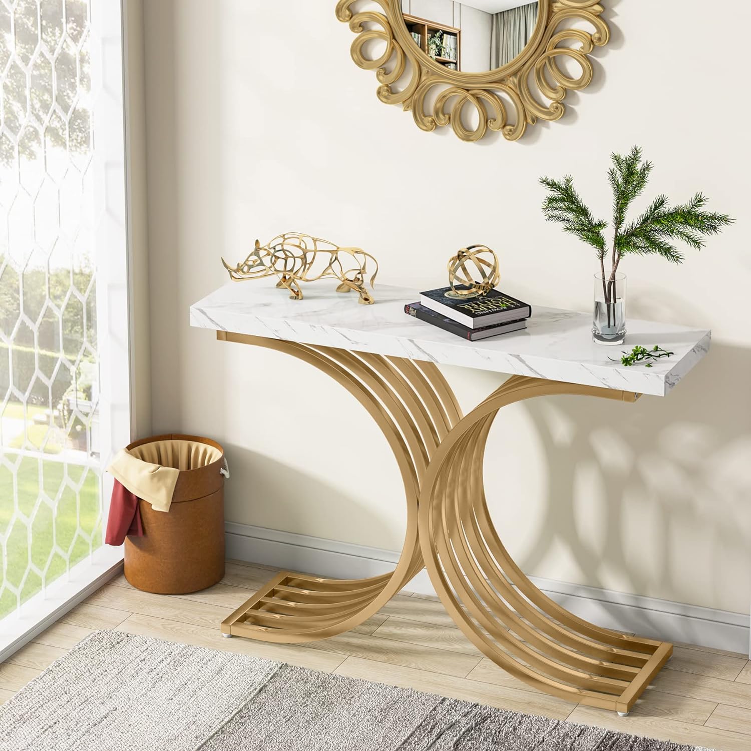 Schmaler Konsolentisch - Beistelltisch mit goldfarbenem Metallgestell, Flurtisch