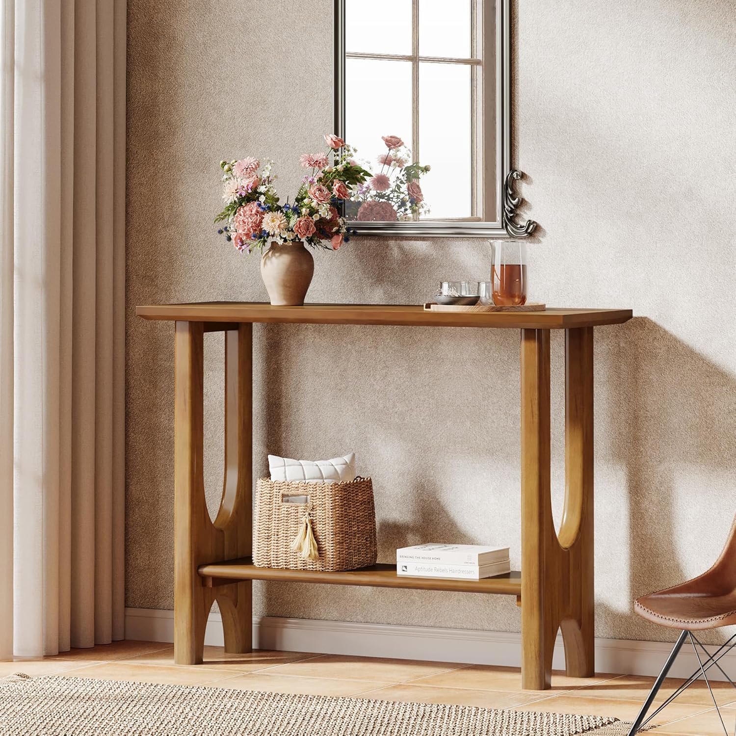 105 cm Konsolentisch - Mid-Century-Konsole mit Stauraum in hellem Nussbaum