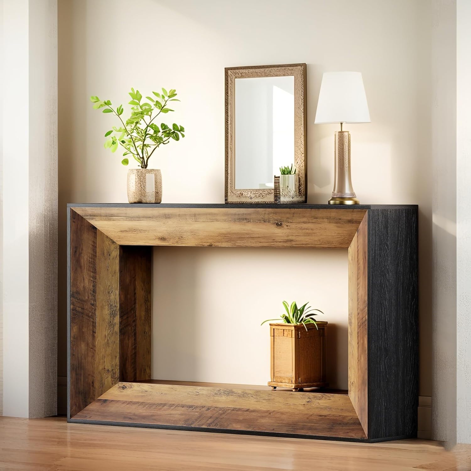 140 cm Farmhouse Konsolentisch, 2-stöckiger schmaler Sofatisch