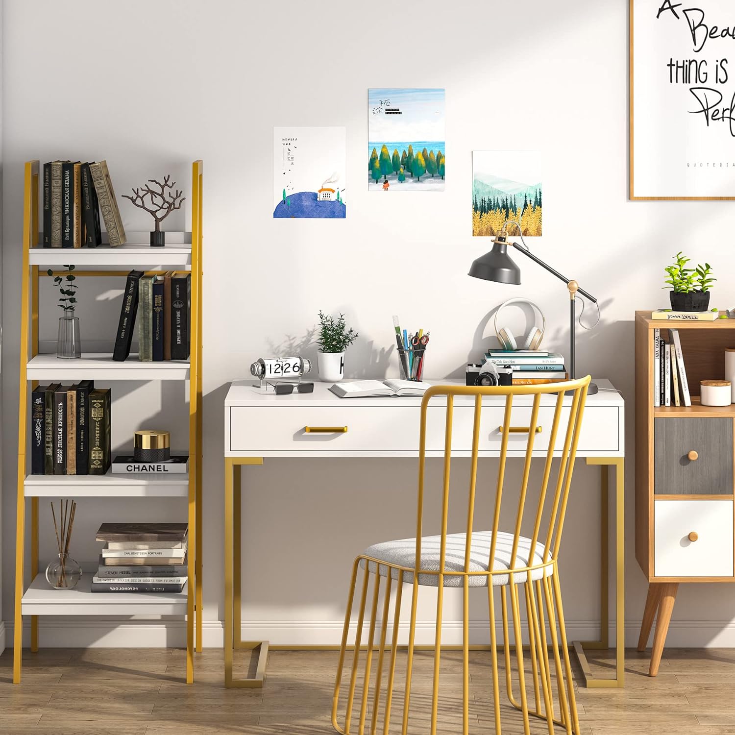 Moderner weiß-goldener Computertisch mit 2 Schubladen für Homeoffice