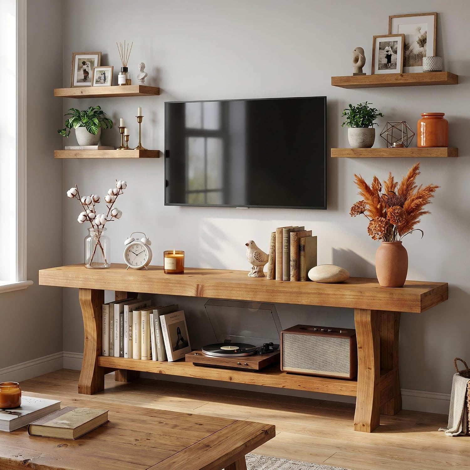 Tribesigns TV Lowboard aus Massivholz 140 cm mit 2 Ebenen & offenen Fächern, Medienkonsole bis 70 Zoll Fernseher