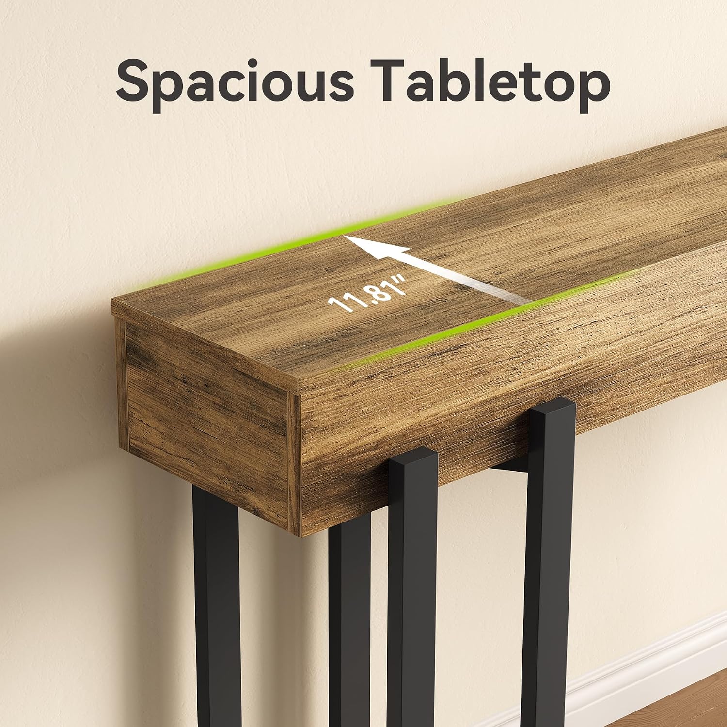Robuster Landhaus Konsolentisch, 160 cm schmal mit Metallgestell für Flur und Home-Office