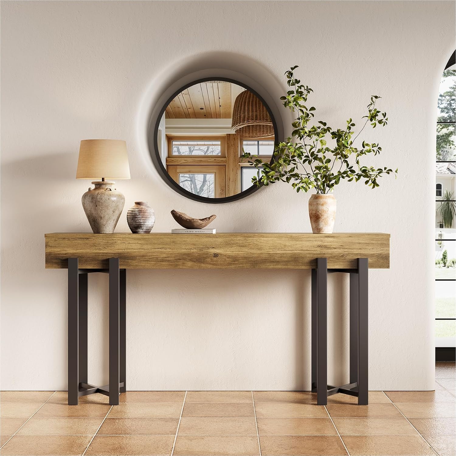 Robuster Landhaus Konsolentisch, 160 cm schmal mit Metallgestell für Flur und Home-Office