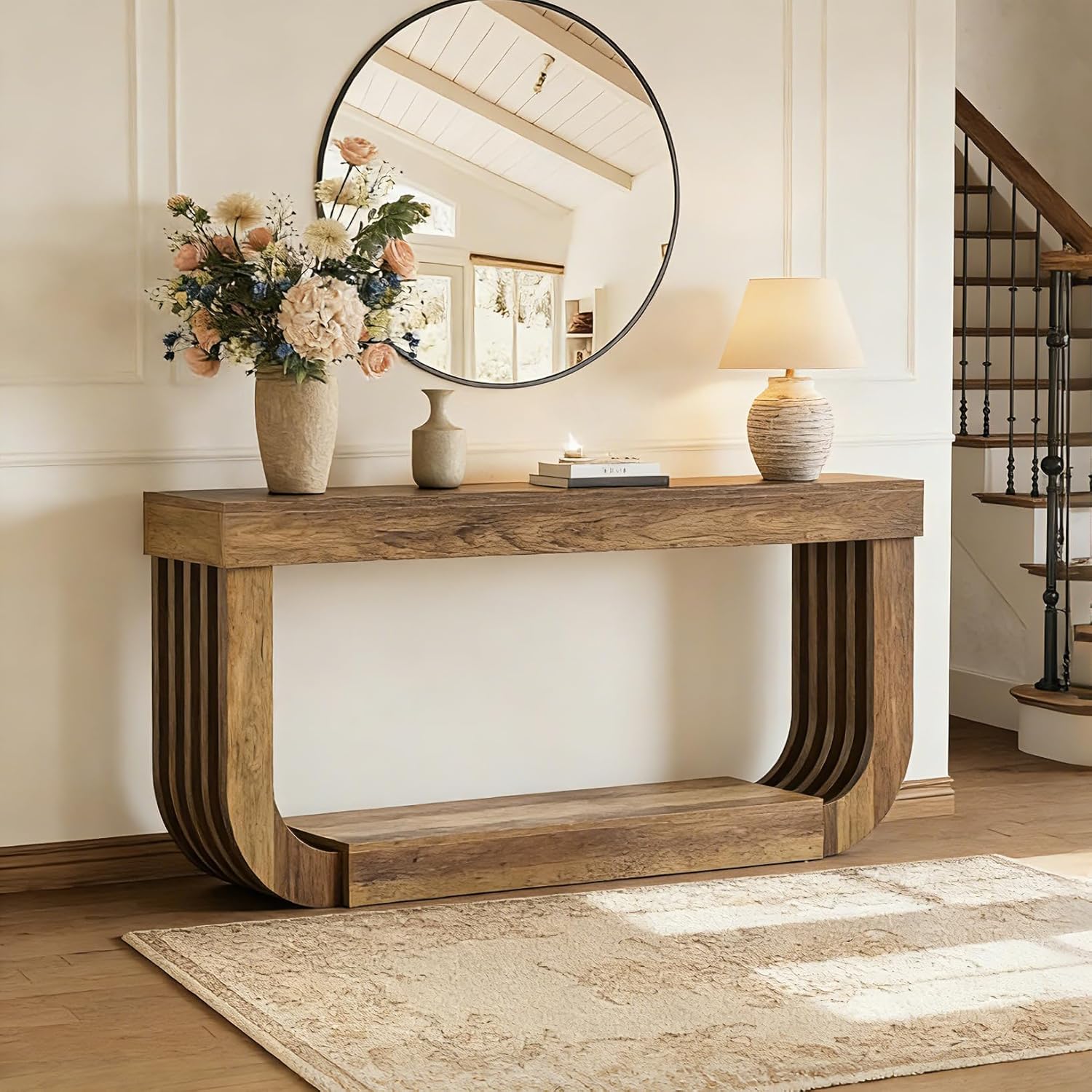 Konsolentisch 180 cm extra lang, schmaler 2-stufige Holzkonsole mit stabilem U-Gestell