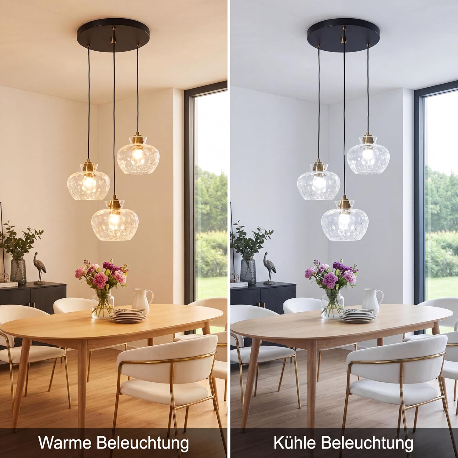 Tribesigns Pendelleuchte 3-flammig mit Strukturglas, Höhenverstellbare Hängelampe, E27