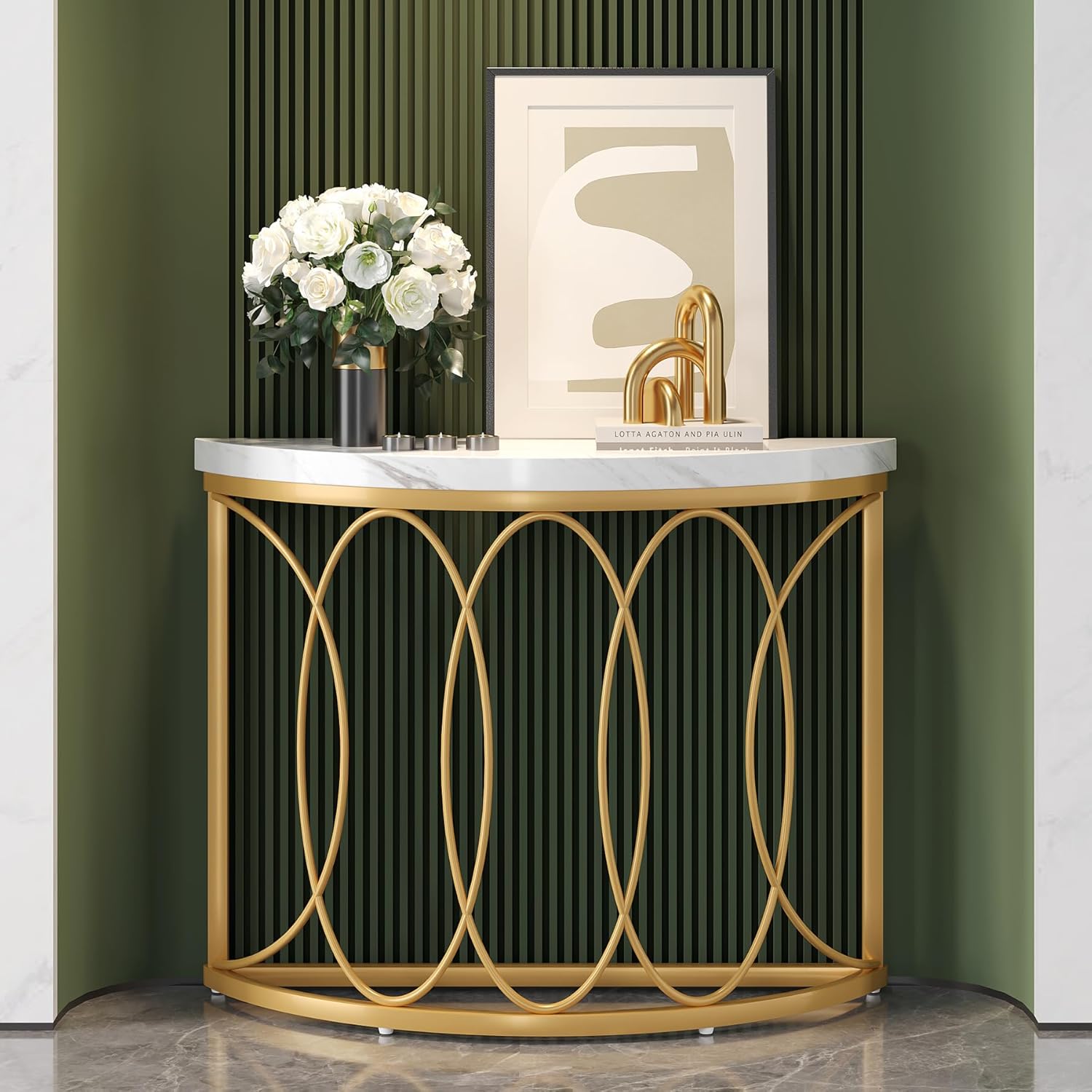 Gold Konsolentisch - Beistelltisch mit Metallgestell und Halbmond-Design