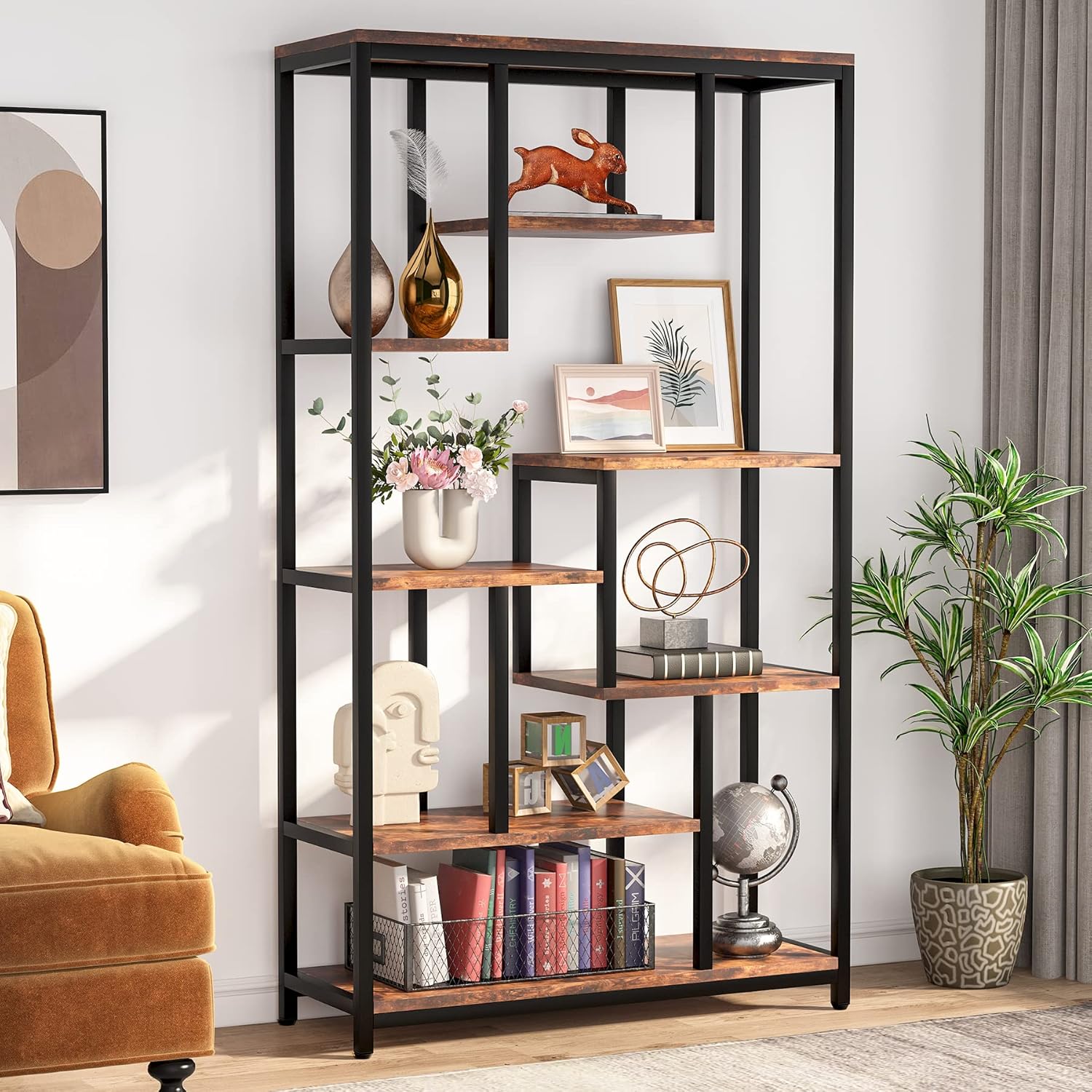 Bücherregal, große offene Regale mit 8 Holz-Effekt-Akzentböden