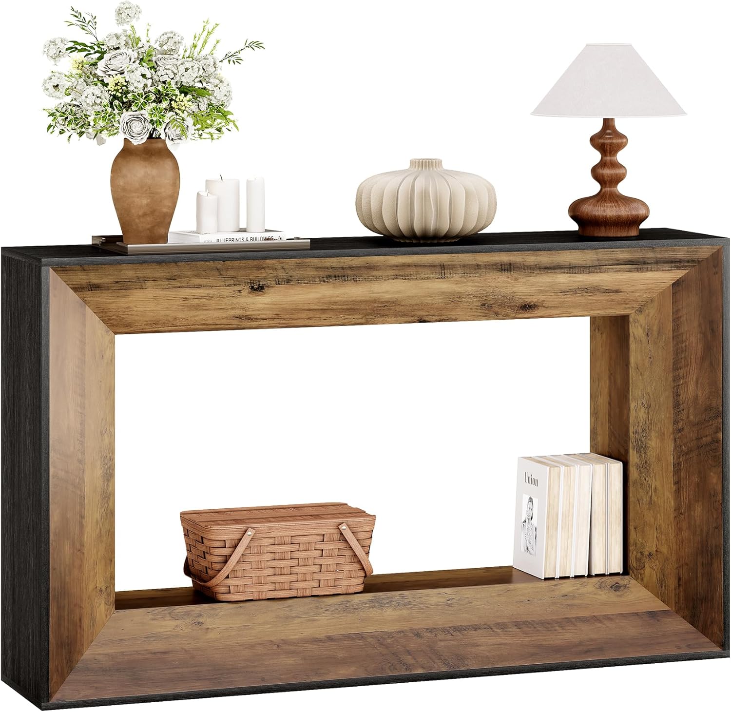 140 cm Farmhouse Konsolentisch, 2-stöckiger schmaler Sofatisch