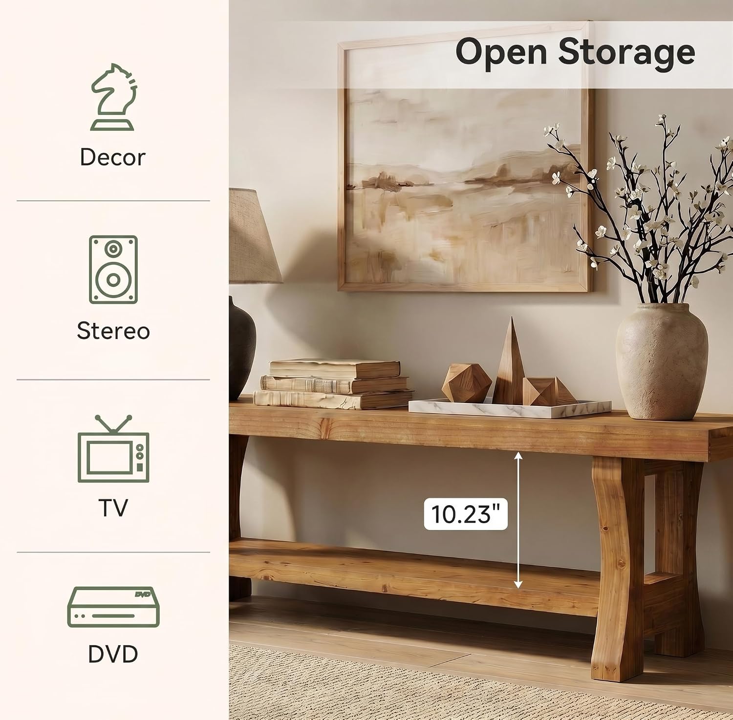 Tribesigns TV Lowboard aus Massivholz 140 cm mit 2 Ebenen & offenen Fächern, Medienkonsole bis 70 Zoll Fernseher