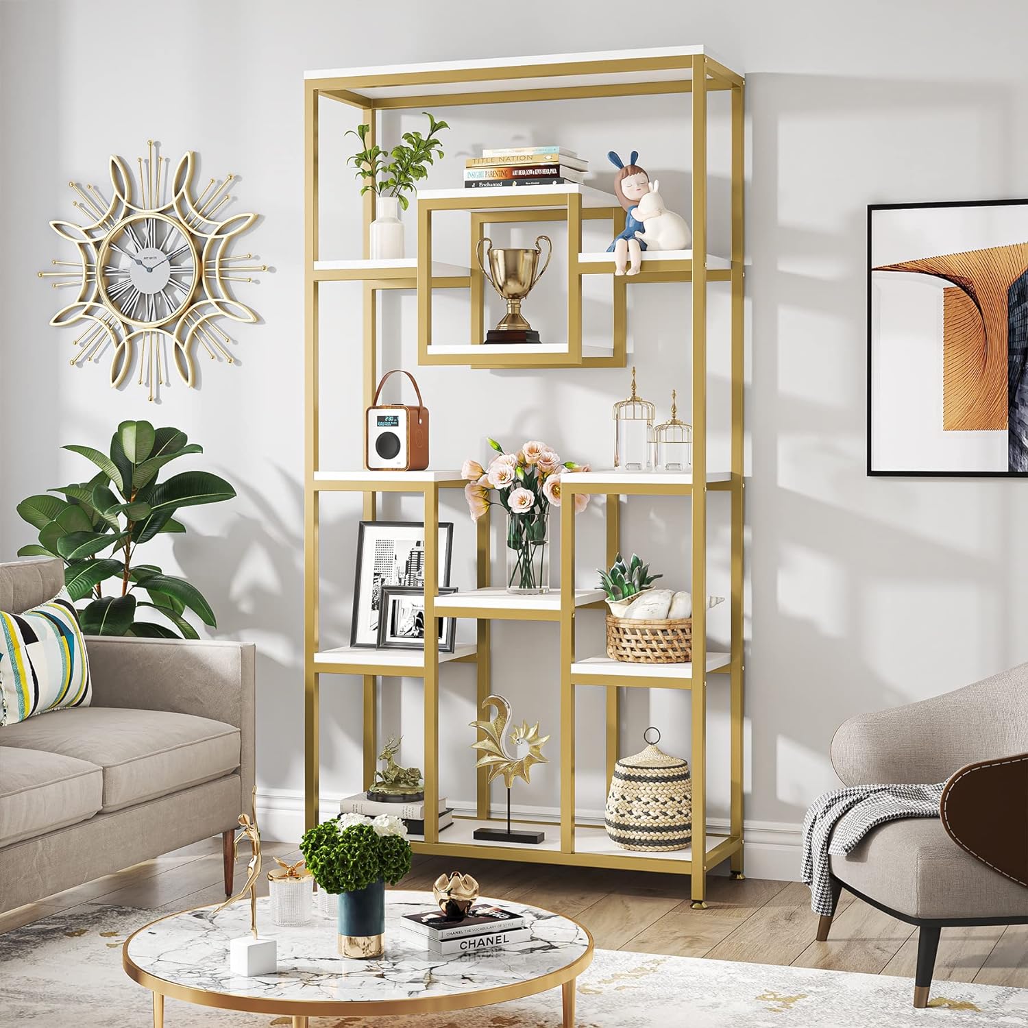 Goldenes Bücherregal - Modernes freistehendes Bücherregal mit 11 offenen Regalen