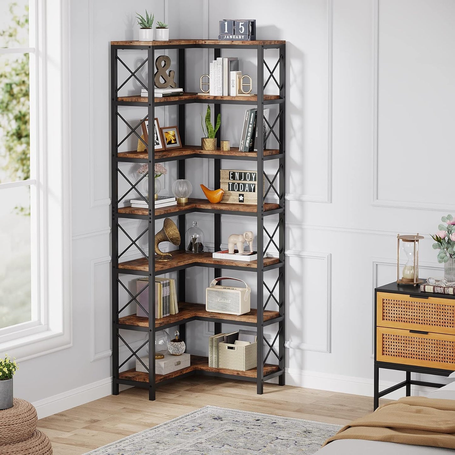 Industrielles Eck-Bücherregal mit Metallrahmen