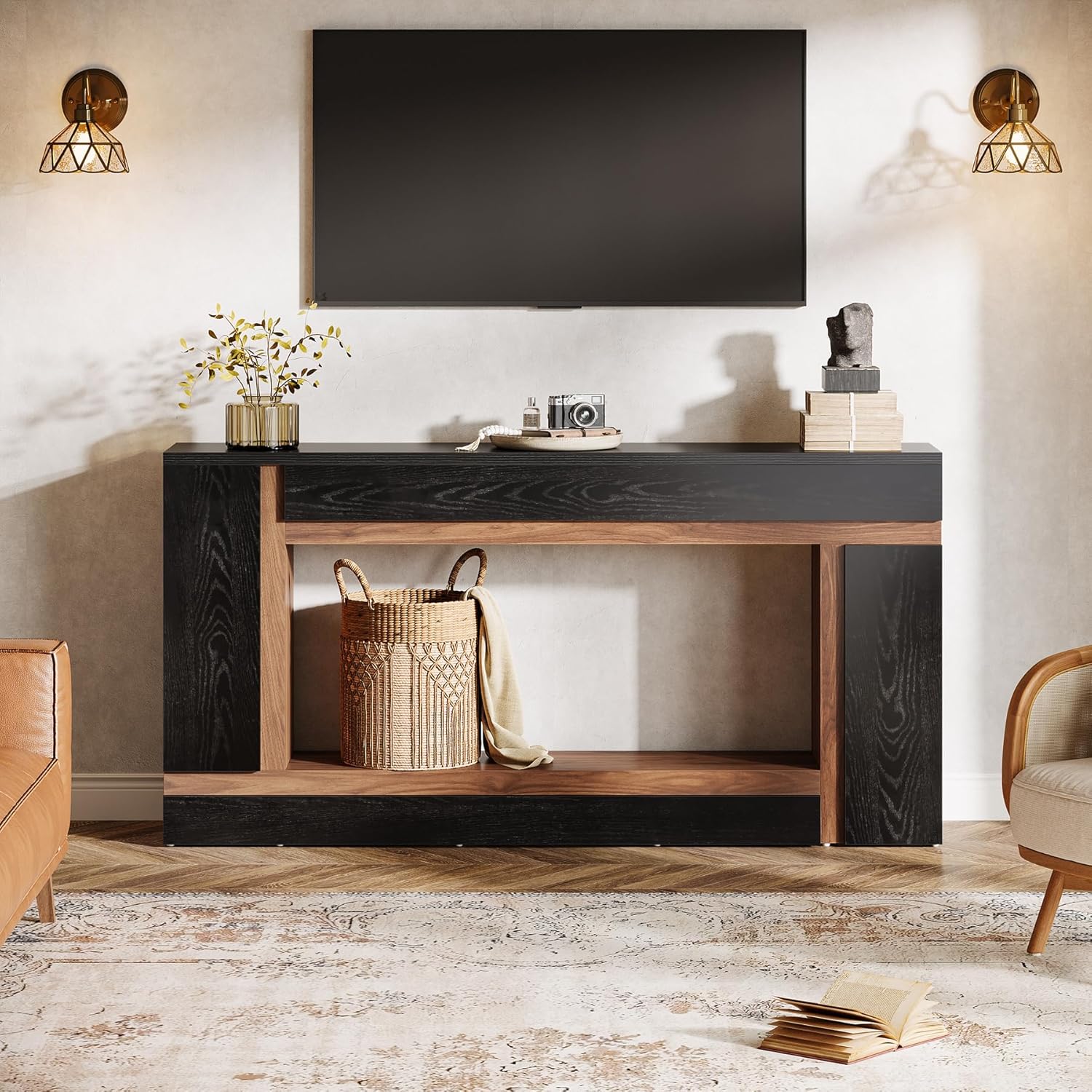 160 cm langer schwarz-brauner Konsolentisch, Geometrischer Kontrolltisch im modernen Design