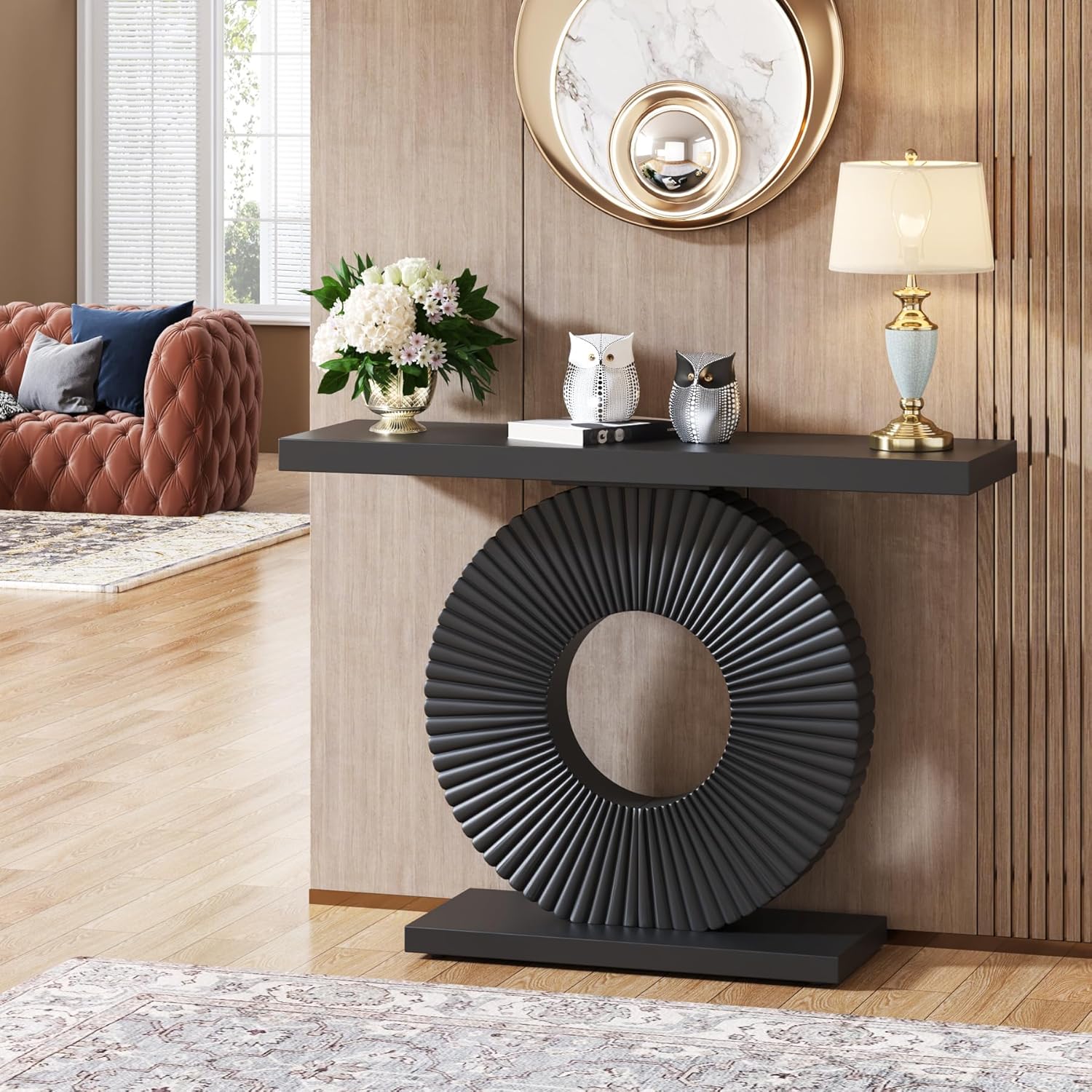 Moderner Konsolentisch, 100 cm Sofatisch aus Holz mit geometrischem Sockel