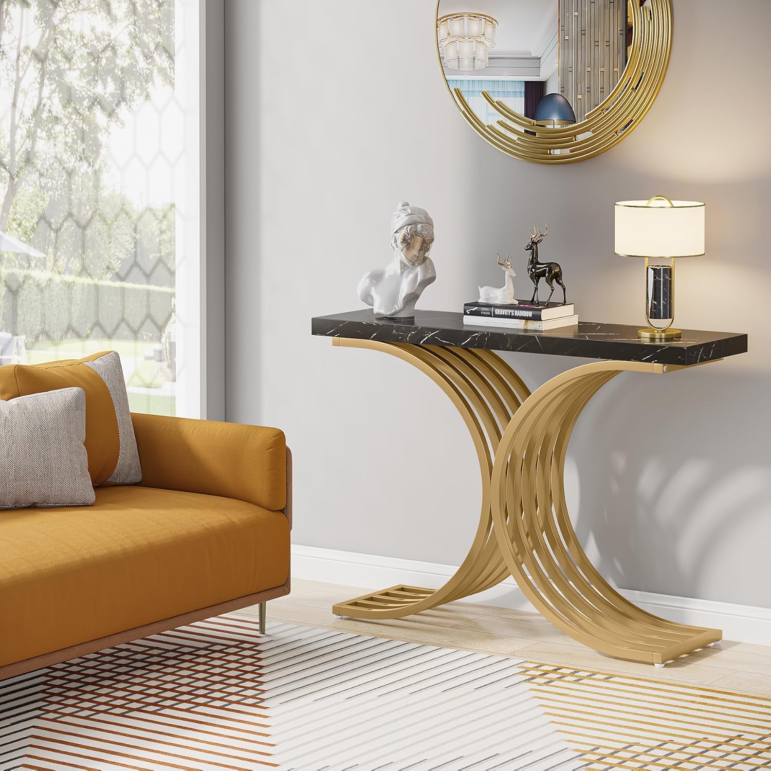Schmaler Konsolentisch - Beistelltisch mit goldfarbenem Metallgestell, Flurtisch